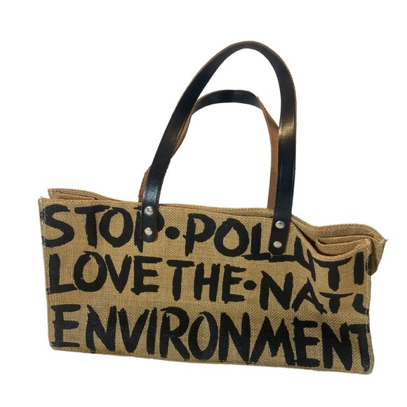 Eco-Friendly Jute Tote Bag With Leather Handles Brown environmental theme Small - Picture 8 of 8